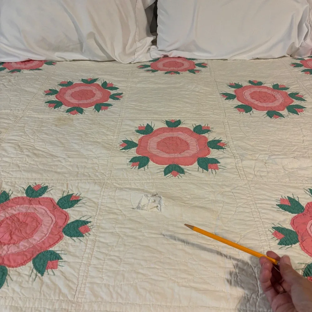 Vintage Handmade Rose of Sharon Ohio Rose Applique Quilt Pink Green 66x80 Twin